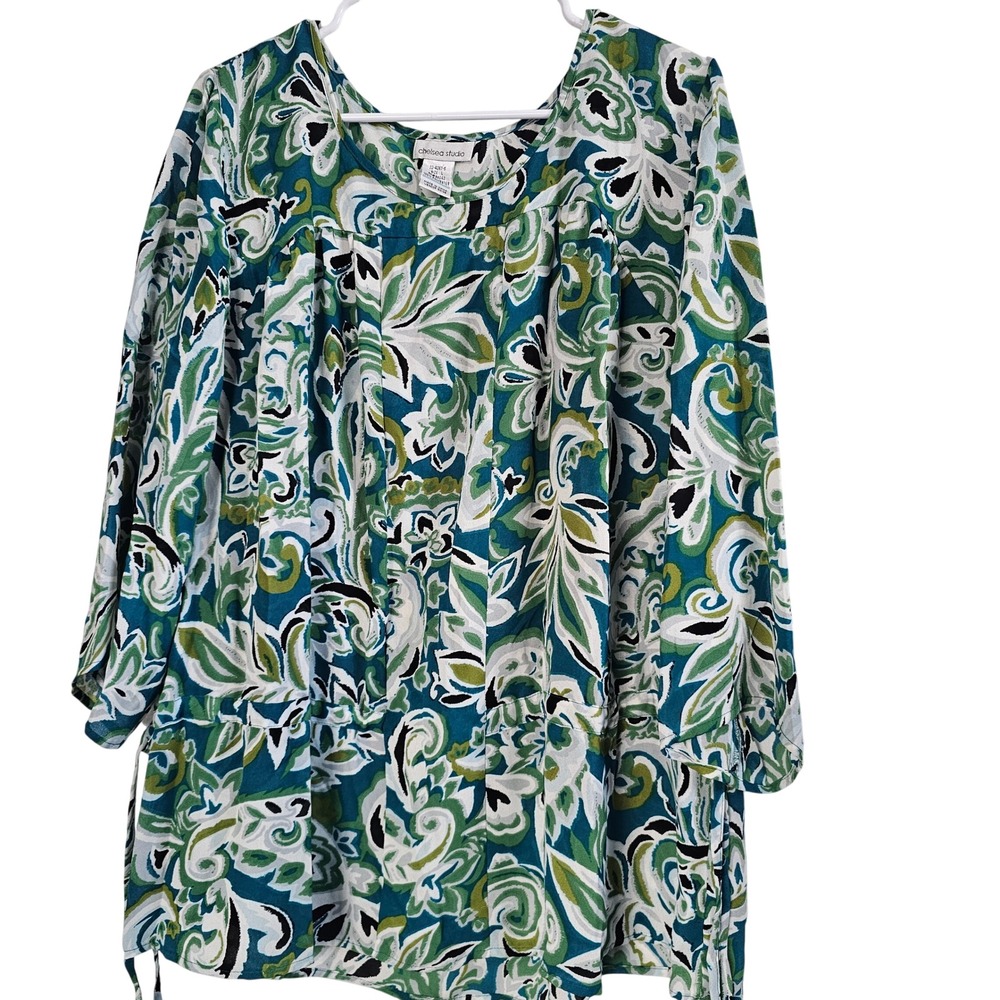 Chelsea Studio Womens Large Teal Green Paisley Botanical Tunic‎ Blouse 22-4267-5